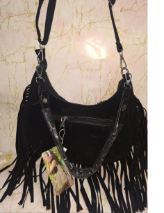Bolso negro mujer con flecos efecto ante | Asas intercambiables 2