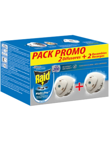 Raid Night & Day Moscas y Mosquitos Pack 2 Difusores + 2 Recambios